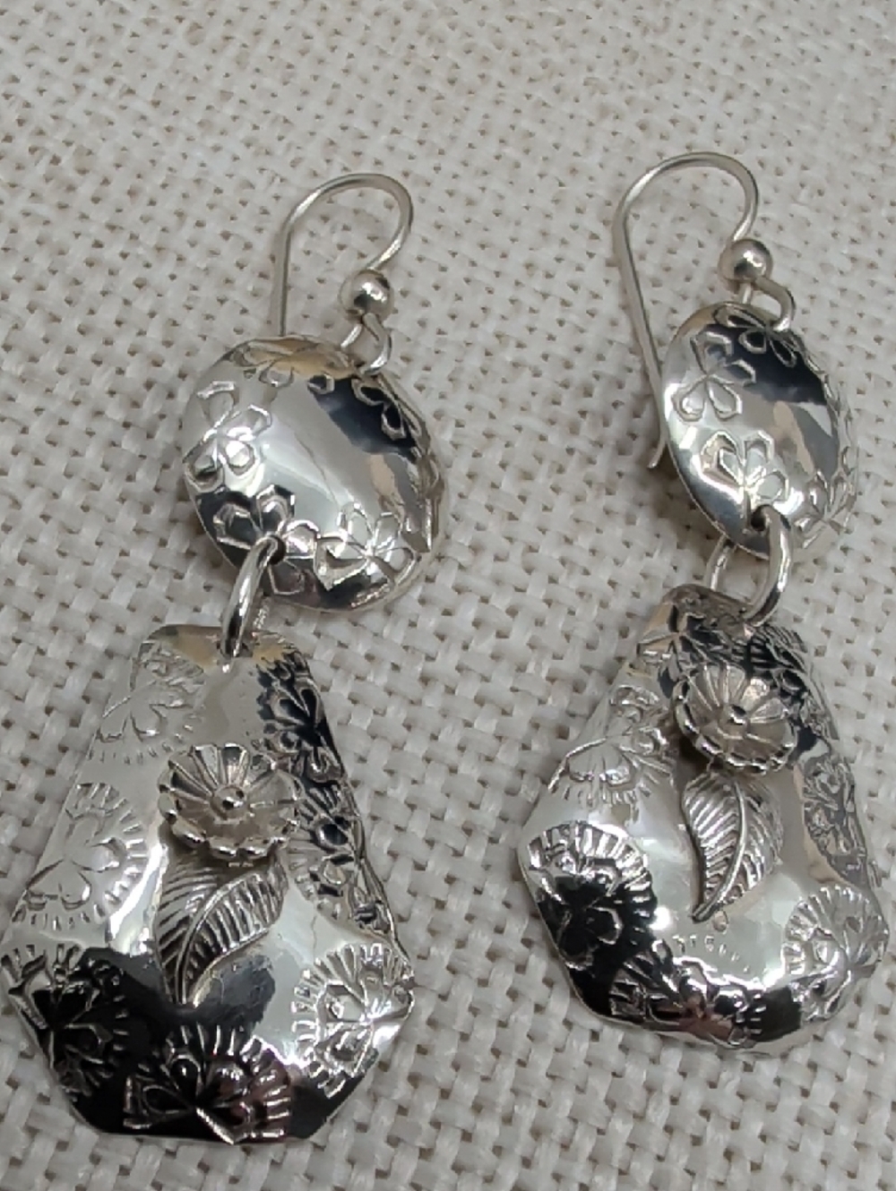 Sterling Silver 925 Floral Drop Earrings Florida Keys Artisan BJH Vintage 1990s - Picture 1 of 17